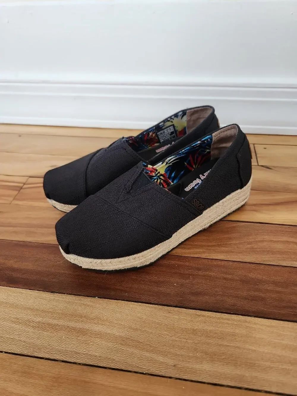 BOBS Skechers Womens 6 Espadrille Slip-On Black Linen Comfort Shoes Memory Foam